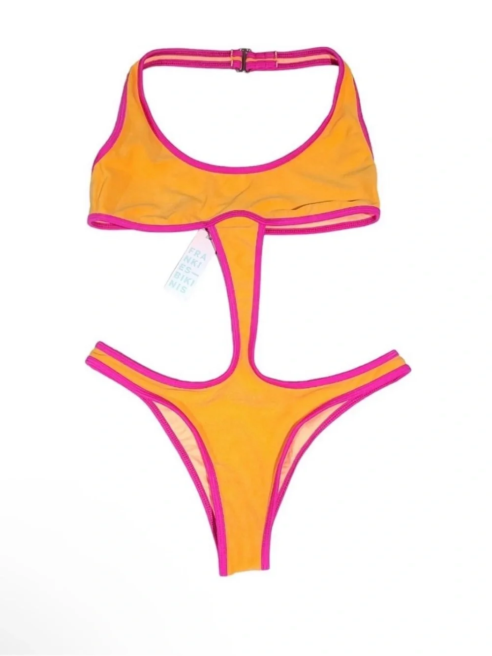 Frankie's Bikinis Yellow One-Piece with Pink Trim Cutout
